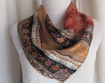 Lovely Rust Burgundy Black Soft Silk Scarf // 20&quot; Inch 50cm Square // Vintage Designer Silk Scarves