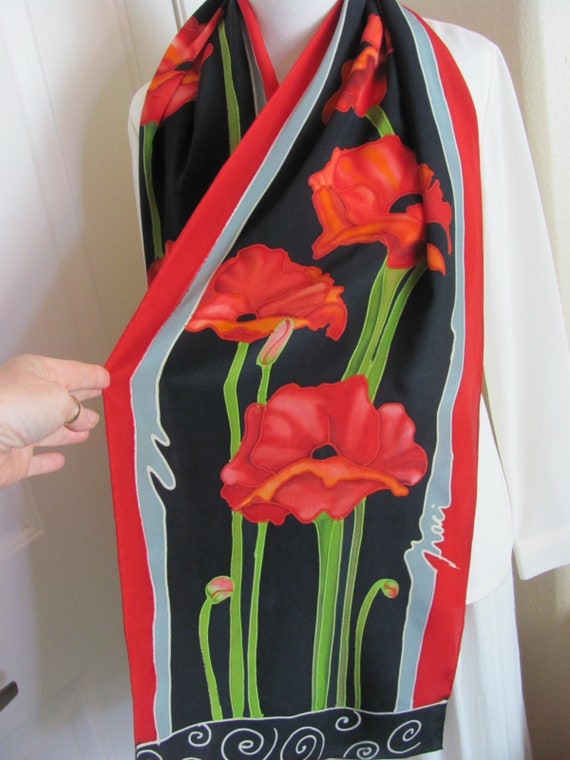 Wow!! Lovely Handmade Black Red Floral Silk Scarf… - image 2