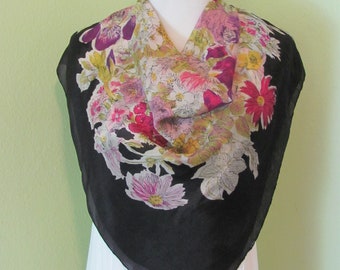 Vintage Antique Black Floral Lightweight Silk Scarf // 32" Square // 1000+ Designer Signed Scarves