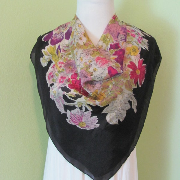 Vintage Antique Black Floral Lightweight Silk Scarf // 32" Square // 1000+ Designer Signed Scarves