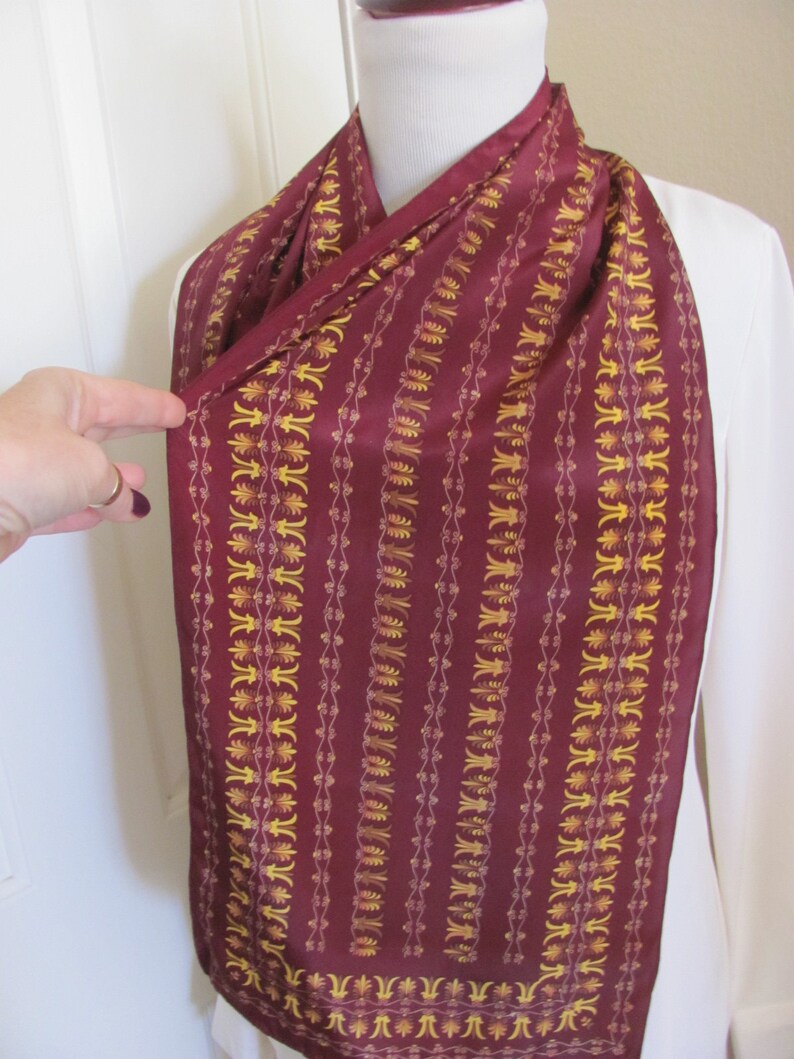Casca // Beautiful Burgundy Gold Soft Silky Poly Scarf // 11" x 52" Long // Best of the Best // 1000+ Designer Silk Vintage Scarves image 2