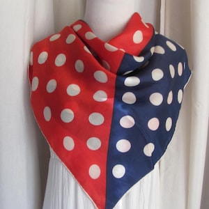 Glentex // Vintage Blue Red White Polka Dot Soft Silk Scarf  - 26&quot; Inches Square // Designer Signed Scarves