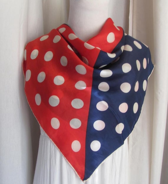 Glentex // Vintage Blue Red White Polka Dot Soft Silk Scarf - 26