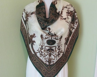 Lovely Off White Green Brown Silk Scarf // 35" Inch 95cm Square // Best of the Best // Vintage Designer Scarves