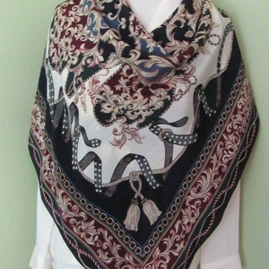 Wow! Designer Black Burgundy Ivory Soft Silk Scarf 38&quot; Inch 92cm Square // Best of the Best // Signed Designer Vintage Scarves