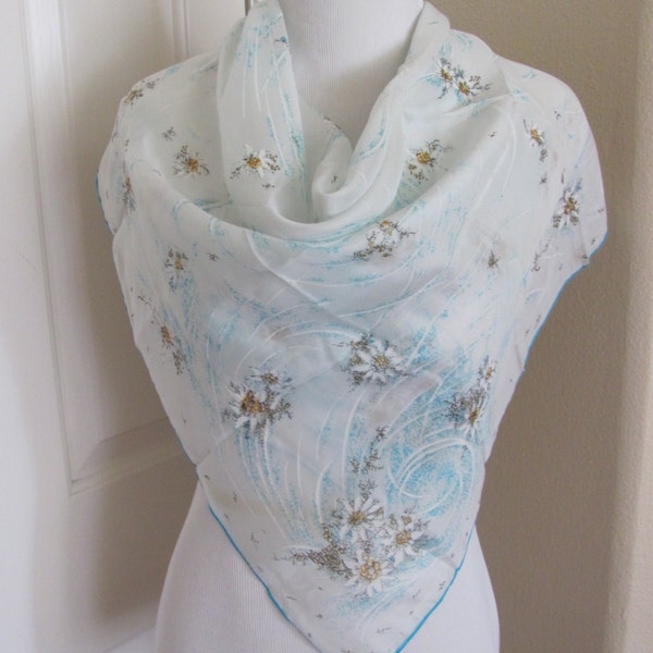 Lovely Vintage White Turquoise Painted Floral Silk Scarf  - 32" x 32" Square - OMG My Fav