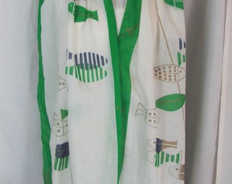 Vintage VERA Neumann // Beautiful White Green Fish Design Cotton Scarf - 18&quot; x 70&quot; Long - Designer Signed Collectible Rare Early 1960&#39;s