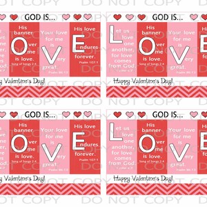 May include: Four pink and red Valentine's Day cards with the word "LOVE" in large letters. Each card has a different verse about love from the Bible. The cards have a chevron pattern at the bottom and hearts at the top.
