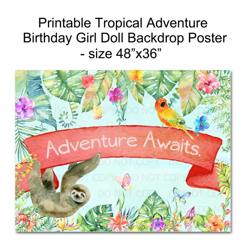 Printable DIY Tropical Rainforest Adventure Birthday Girl Doll 48x36 Poster Backdrop image 1