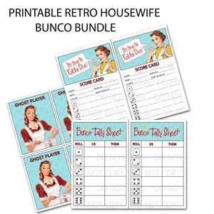 Druckbare 50er Jahre Retro Hausfrau Thema Bunco Party Ergebniskarten, Ergebnislisten und Geisterspielerkarten - SOFORTIGER DOWNLOAD