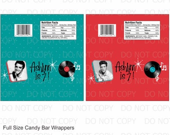 Printable DIY Personalized 50's Elvis Theme Birthday Full Size Candy Bar Wrappers - 2 designs personalized