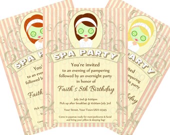 Printable DIY Spa Party Sleepover Pajama Birthday Party Invitations