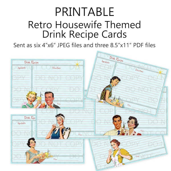 Printable 1950's Retro Housewife Drink Cocktail Recipe Cards - Set of 6 designs - INSTANT DOWNLOAD
