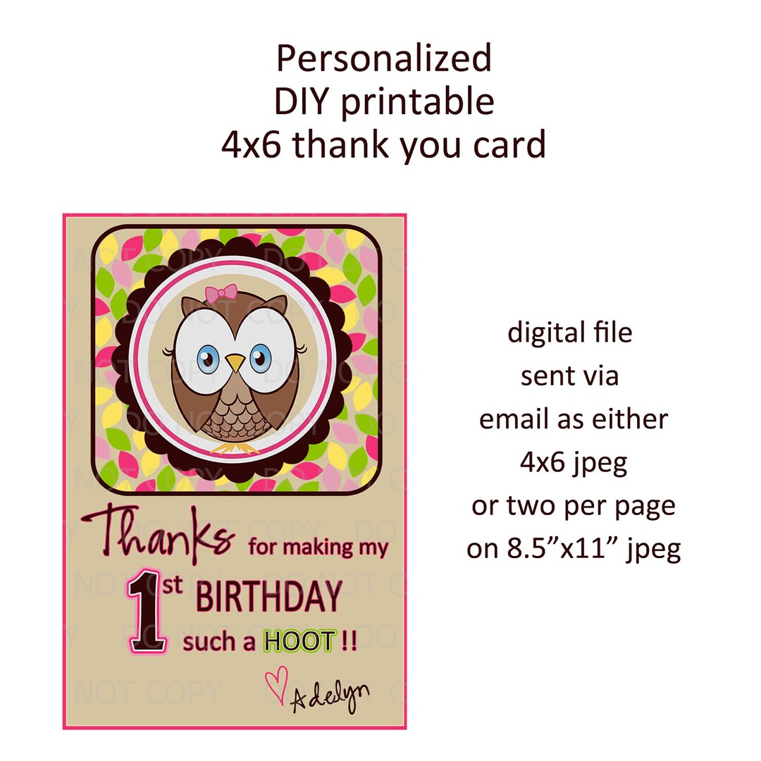 Printable DIY Owl First Birthday Theme Thank You Card - Choose Girl or ...