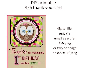 Printable DIY Owl First Birthday Theme Thank You Card - Choose Girl or Boy Version