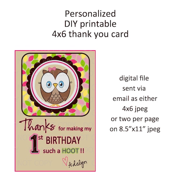 Printable Diy Owl First Birthday Theme Thank You Card Choose Etsy