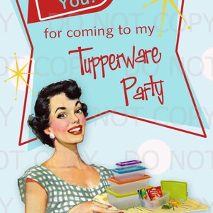 Afdrukbare DIY Retro huisvrouw Tupperware Party bedankkaart met ansichtkaart achterkant