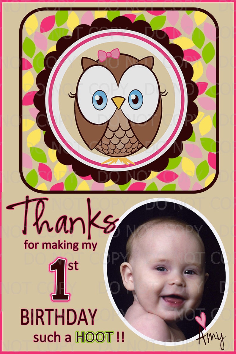 printable diy owl first birthday theme thank you card etsy