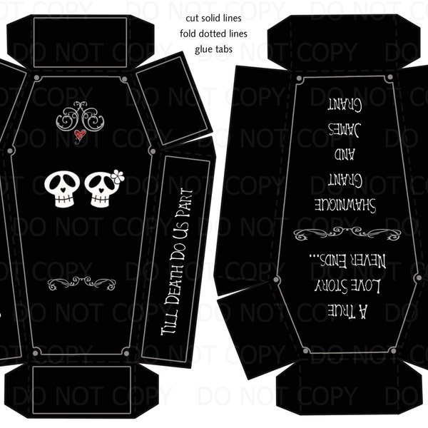 Printable DIY Personalized Coffin Skull Theme Wedding or Halloween Favor Boxes