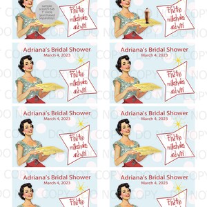 Cartes de jeu de douche nuptiale de femme au foyer rétro imprimables personnalisées - Grattez Trouvez le milkshake