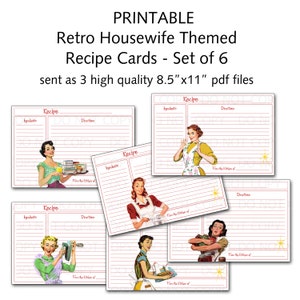 Printable 1950's Retro Housewife 4"x6" Recipe Cards - Set of 6 designs