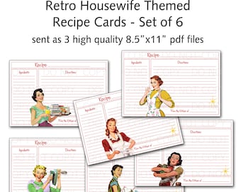 Printable 1950's Retro Housewife 4"x6" Recipe Cards - Set of 6 designs