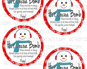 Printable Hot Chocolate Cocoa Bomb Tags 4" each - Christmas Snowman- INSTANT DOWNLOAD