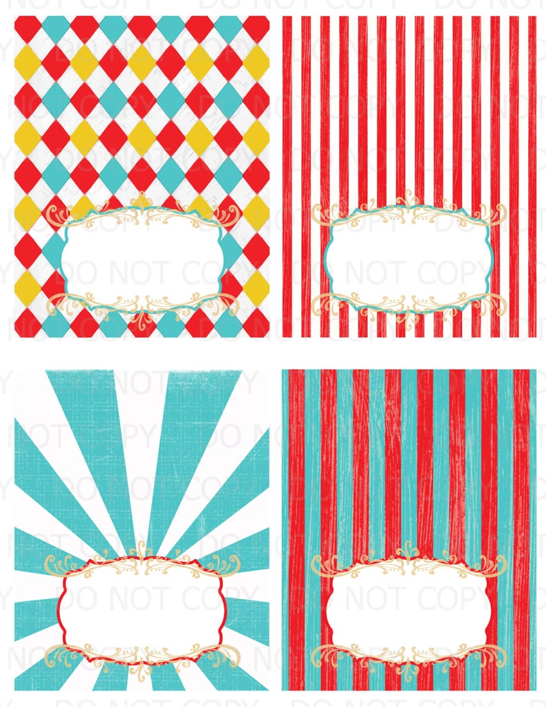 Printable DIY Vintage circus carnival 4th of July Tent Food Labels 4 designs blank image 1