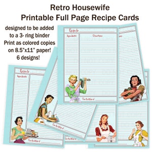 Printable 1950's Retro Housewife Full Sheet Recipe Cards for 3-ring Binder - Set of 6 designs