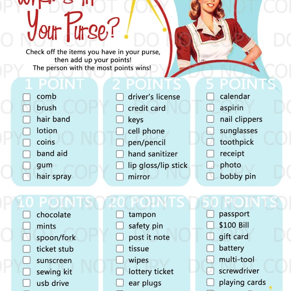 Printable Retro Housewife themed Bridal Shower Game - What's in your Purse? INSTANT DOWNLOAD