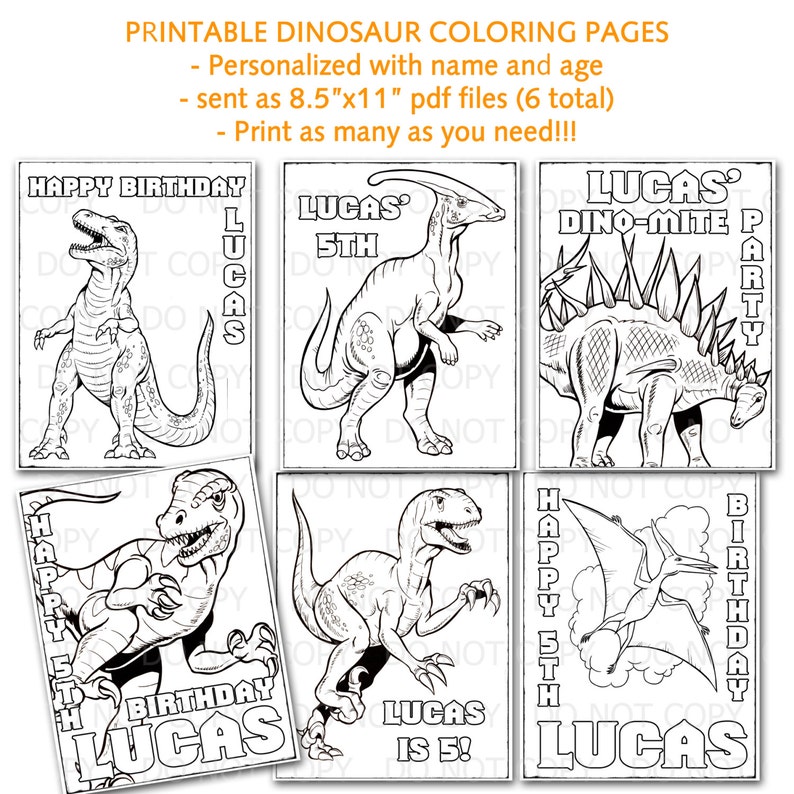 6 Printable PERSONALIZED Dinosaur Coloring Pages image 1