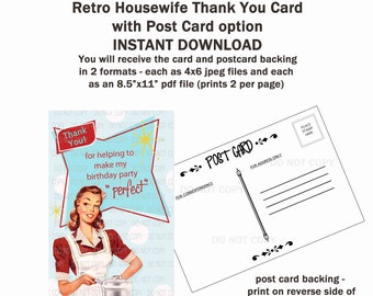 Printable DIY Retro Housewife Birthday Thank You Card with Post Card Backing