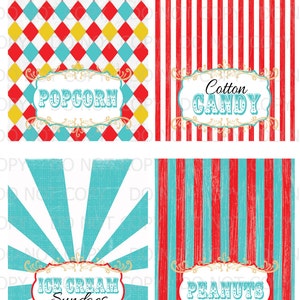 Printable DIY Vintage Circus Table Tent Food Labels- set of 8 customized labels