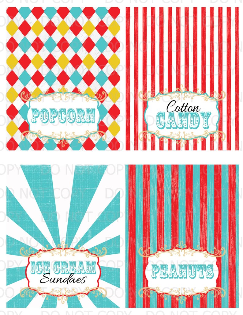 Printable DIY Vintage Circus Table Tent Food Labels set of 8 customized labels image 1