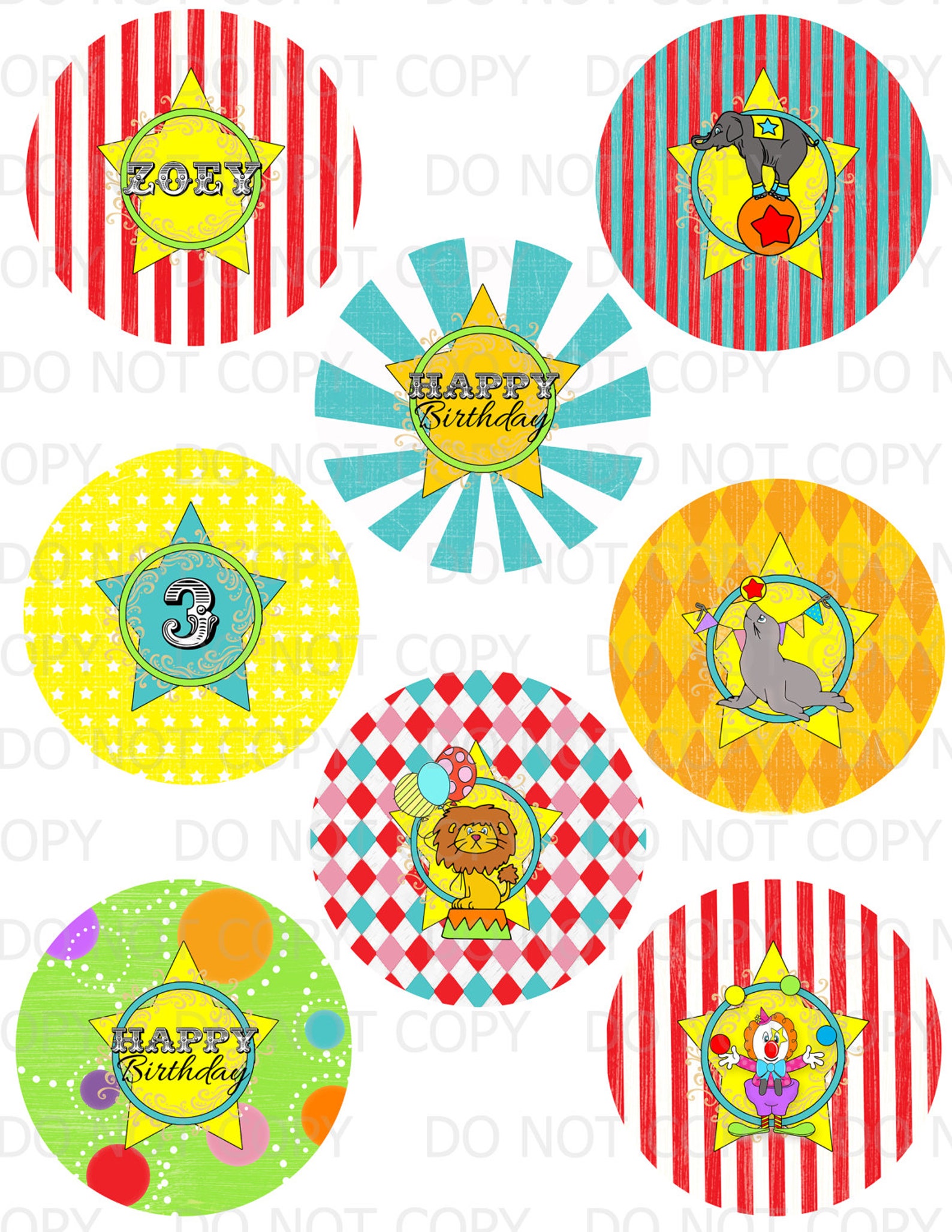 Customized Printable Vintage Circus colorful Cupcake Toppers | Etsy