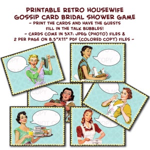 Afdrukbare jaren 1950 retro huisvrouw roddels meisjes vrijgezellenfeest spelkaarten - set van 6 ontwerpen