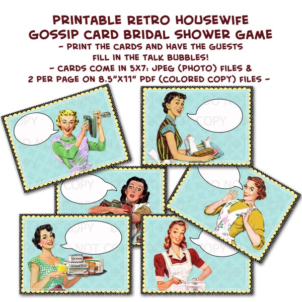 Printable 1950's Retro Housewife Gossip Girls Bridal Shower Game Cards - Set of 6 designs