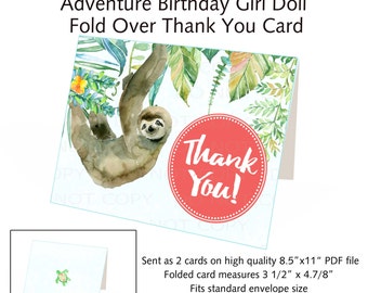 Printable Tropical Rainforest Adventure Birthday Girl Doll Sloth Fold-Over Thank You Note Cards  - INSTANT DOWNLOAD