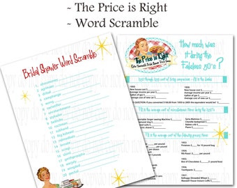 Printable Retro Housewife themed Bridal Shower Games - Word Scramble and Price Is Right