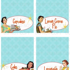 Printable Retro Housewife Bridal Shower Table Tent Food Labels- 4 designs customized