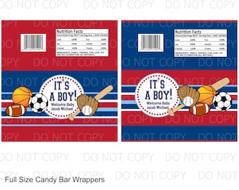 Printable DIY Sports Theme Baby Boy Baby Shower Full Size Candy Bar Wrappers - 2 designs personalized