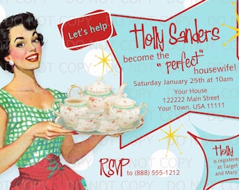 Printable DIY Retro Housewife Theme Bridal Shower Tea Party Invitation