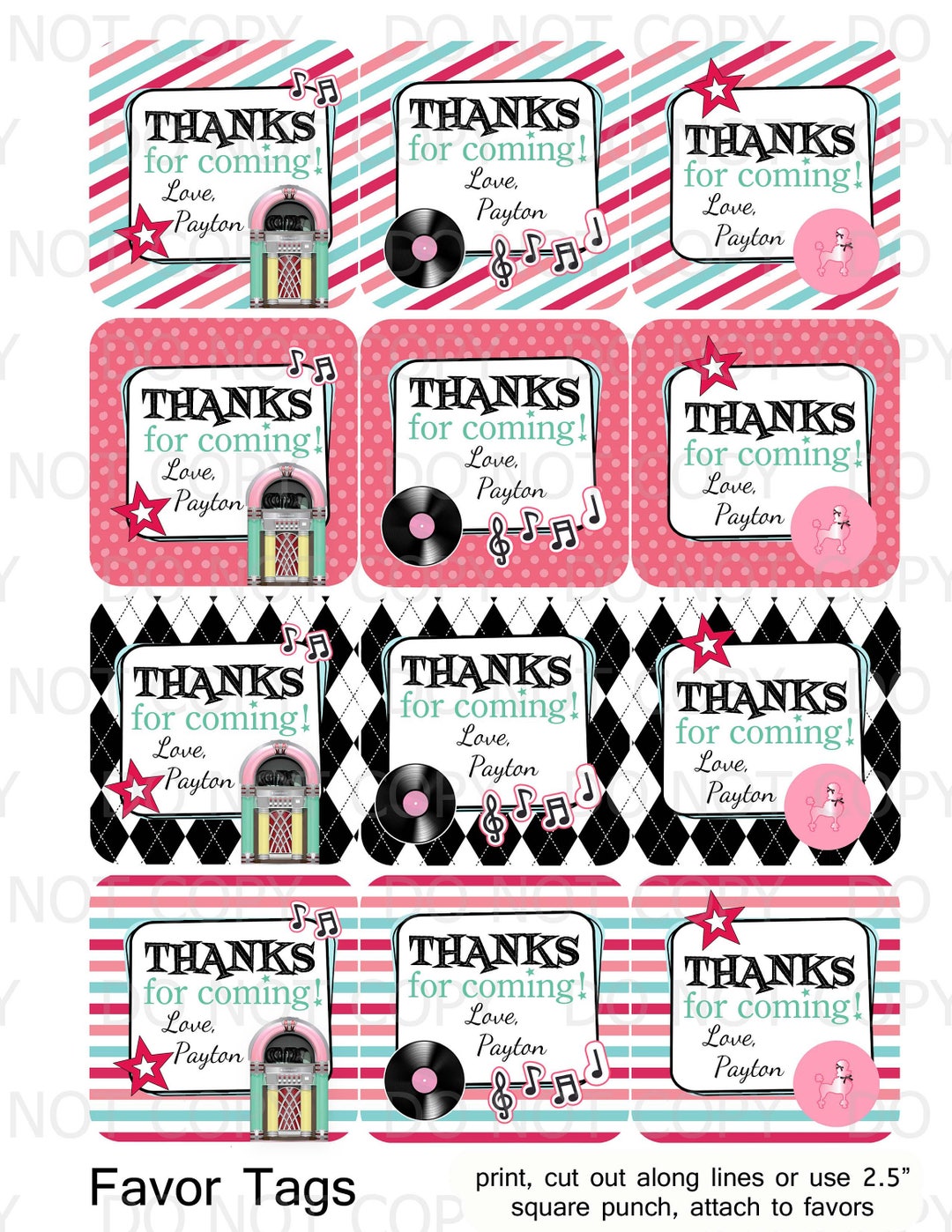 Printable Personalized 50's Sock Hop Diner Theme Favor Tags - Etsy