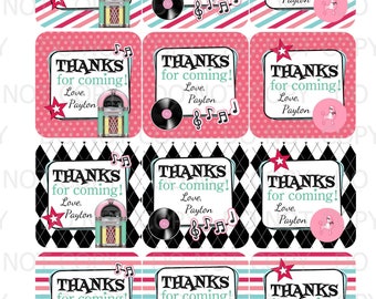 Druckbare personalisierte 50er Jahre Sock Hop Diner Theme Favor Tags