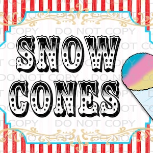 Printable DIY Vintage Circus Snow Cones Table sign - 8.5&quot; x 11&quot; INSTANT DOWNLOAD