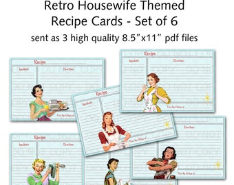 Printable 1950's Retro Housewife Recipe Cards - Set of 6 designs