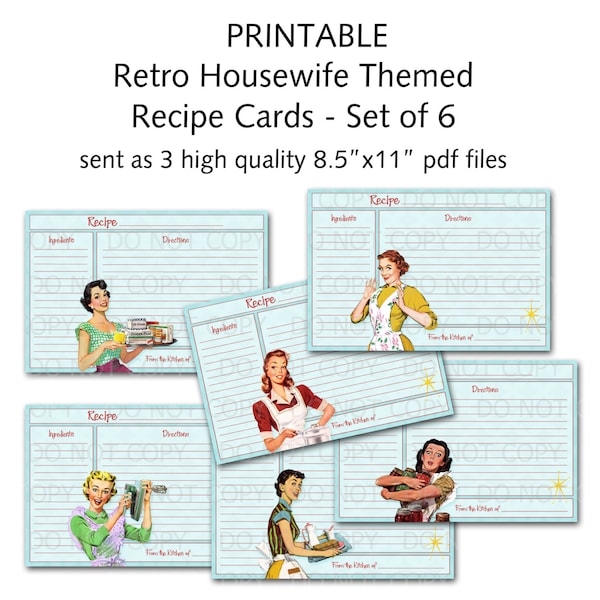 Cartes de recettes de femme au foyer rétro imprimables des années 1950 - Ensemble de 6 modèles