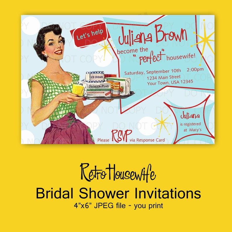 Printable DIY Retro Housewife Theme Bridal Shower Party Invitations 