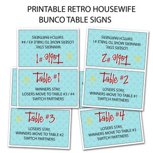 Cartões de mesa para festa Bunco com tema retrô dos anos 50 para dona de casa para impressão - DOWNLOAD INSTANTÂNEO