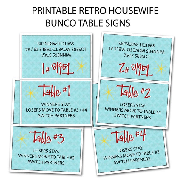 Printable 50's Retro Housewife Theme Bunco Party Table Tent Cards - INSTANT DOWNLOAD